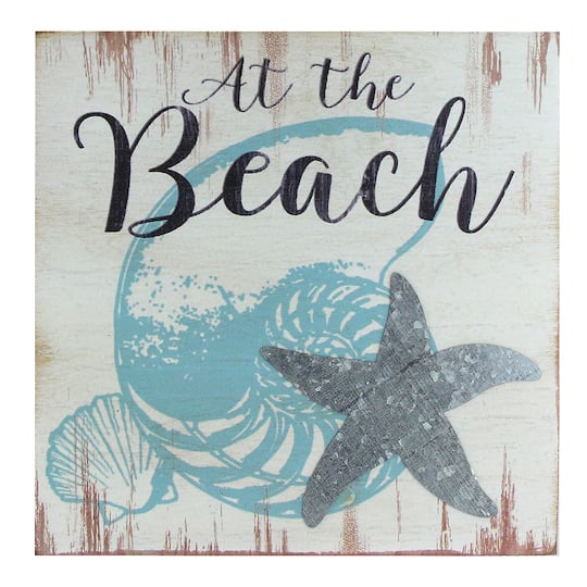 8" Blue & White At the Beach with Seashells & Starfish Plaque Wall Accent
